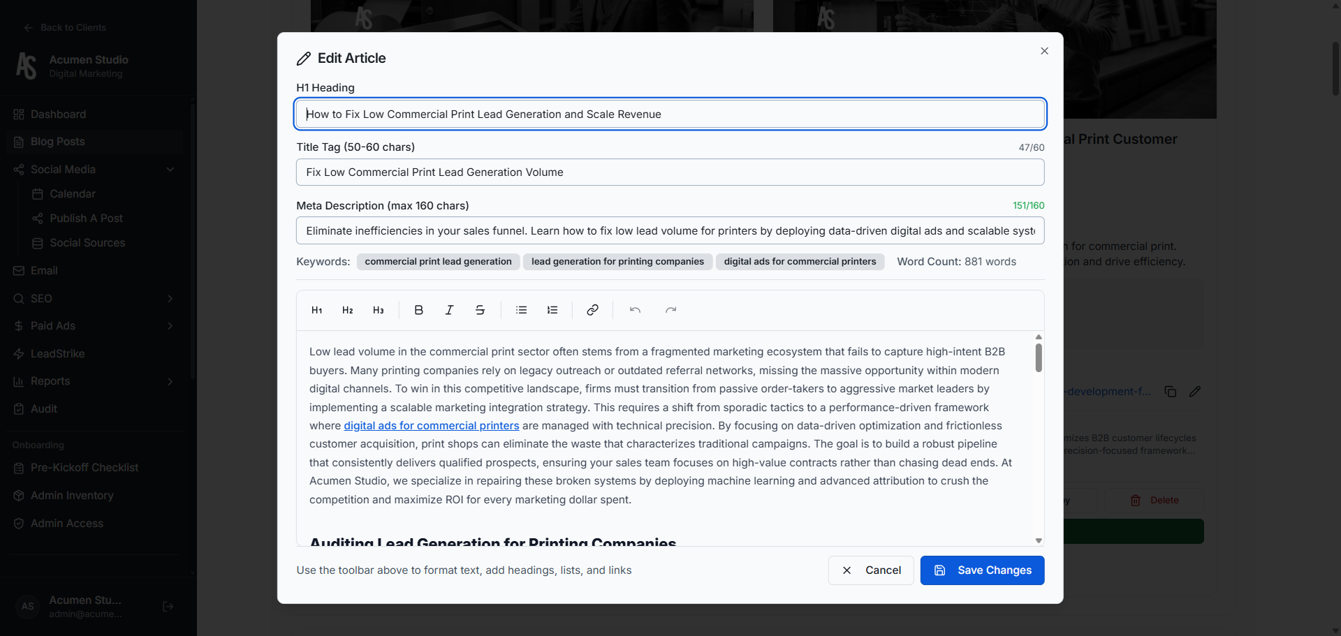 Blog editing interface